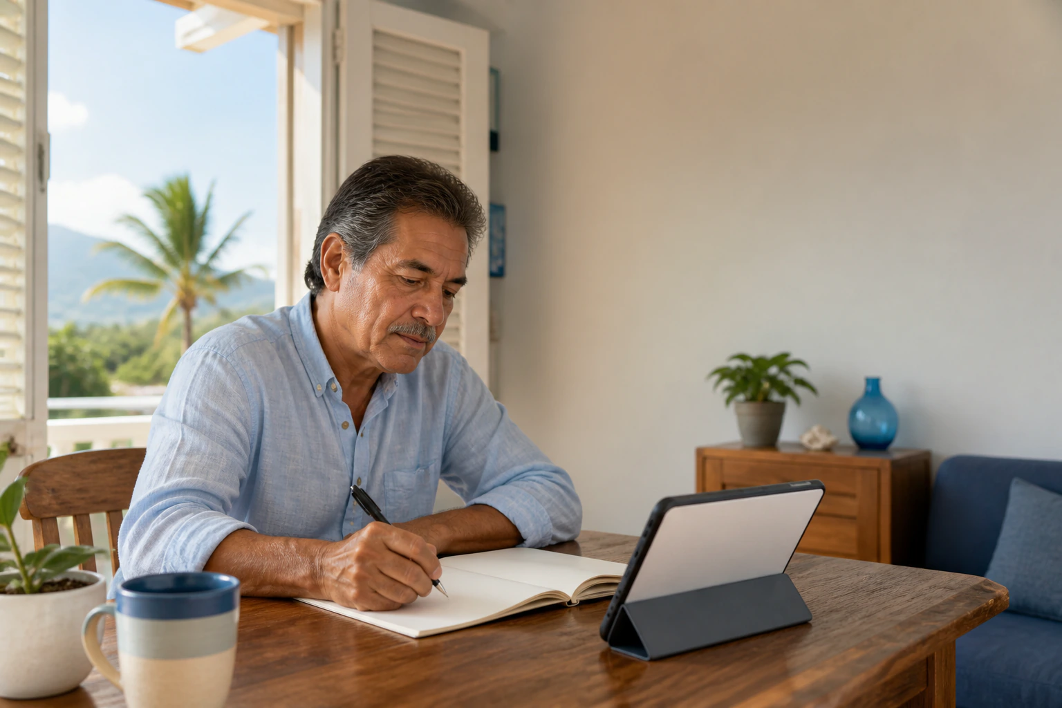 Adulto estudiando y escribiendo en un cuaderno de lecciones en un hogar luminoso de Puerto Rico
