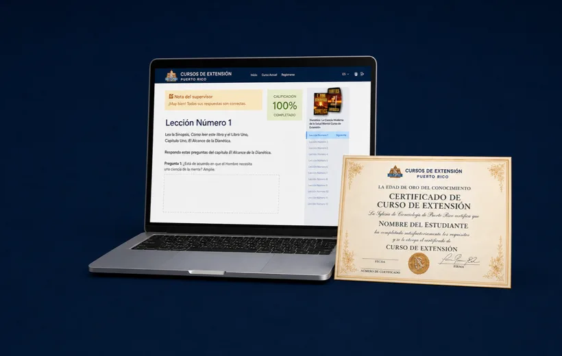 Lección en línea de un Curso de Extensión junto a un certificado de finalización